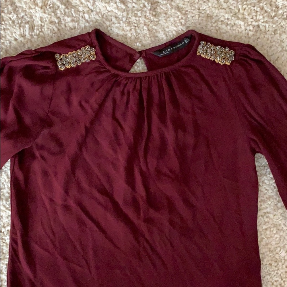 Zara XS burgundy blouse w/ embellished shoulders